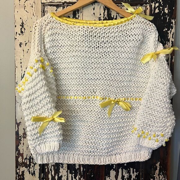 Hand knit Beautiful white and yellow ribbon beaded sweater. Women’s size Medium. - Picture 1 of 8